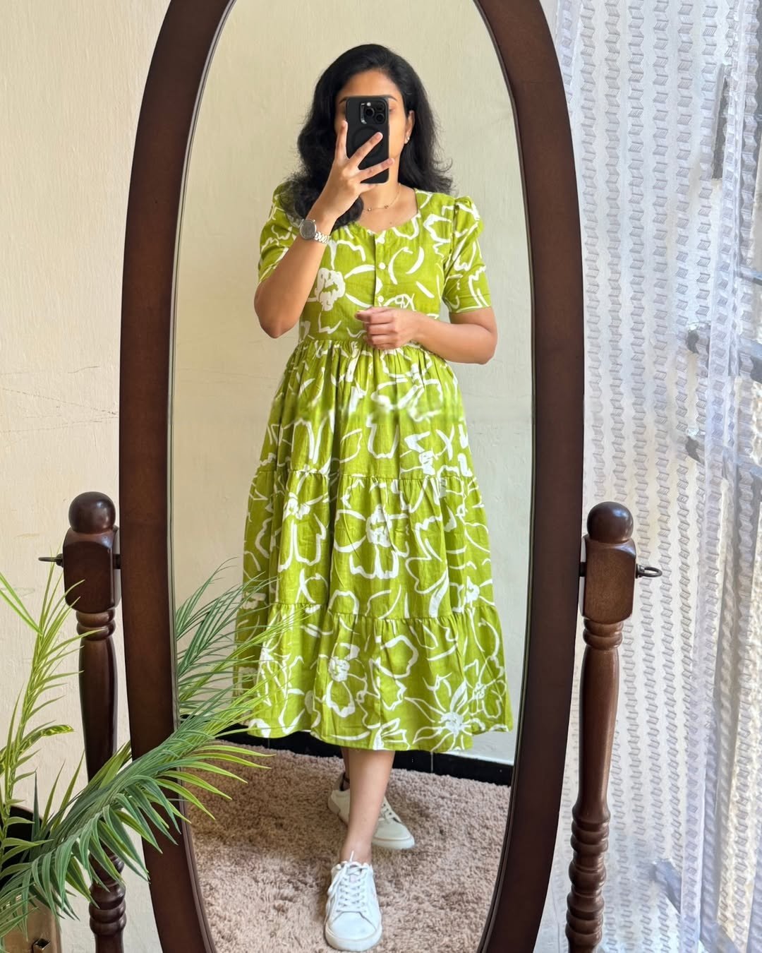 Green Printed Cotton Midi Gown Dress